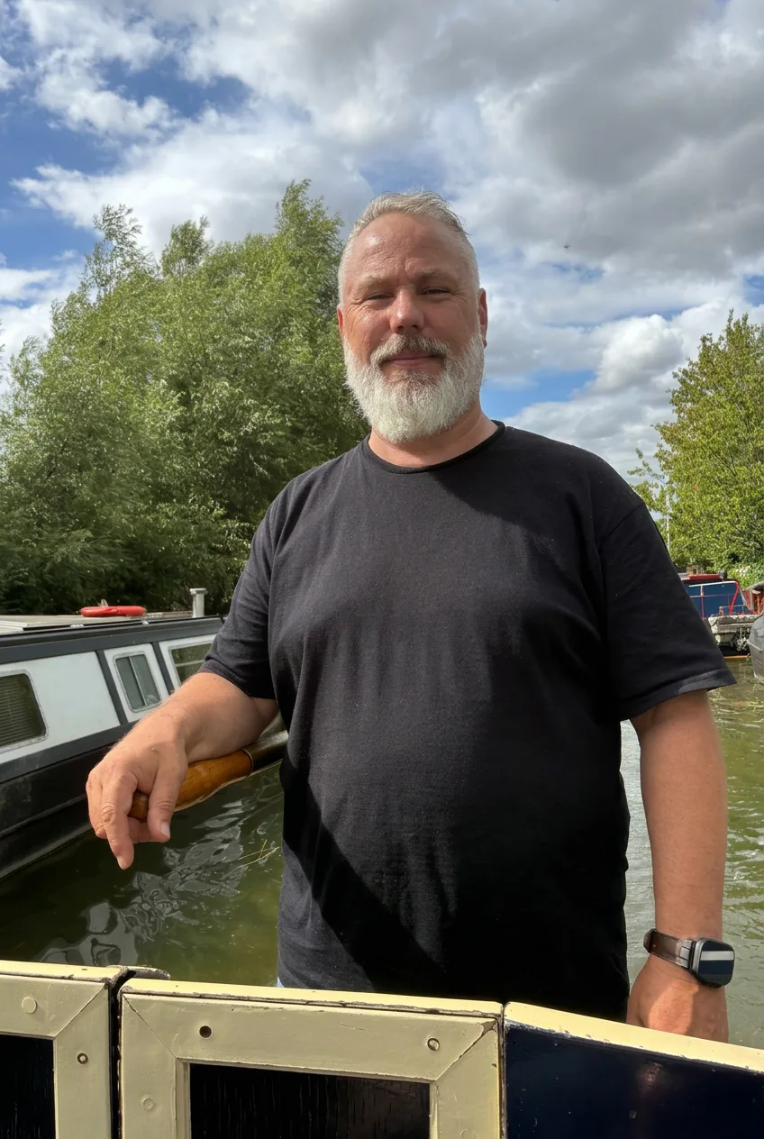 Steven Tann, AI Operations Consultant, at the tiller of his narrowboat
